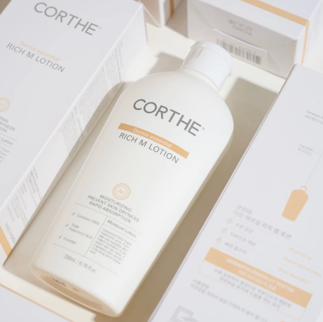 Corthe Rich M Lotion ceramide barrier moisturizer with product packaging