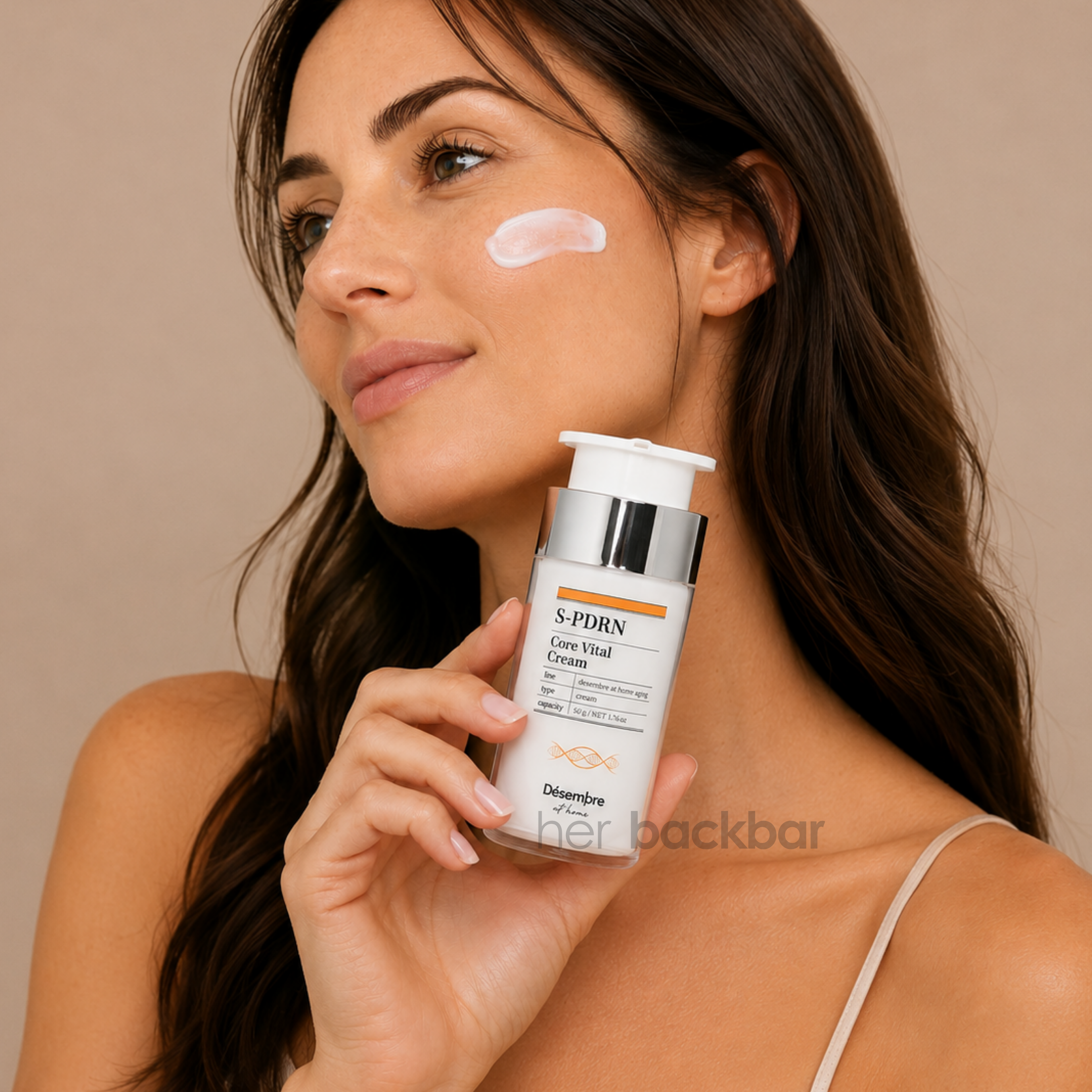 Woman holding Desembre S-PDRN Core Vital Cream, a PDRN moisturizer for hydrated, healthy-looking skin