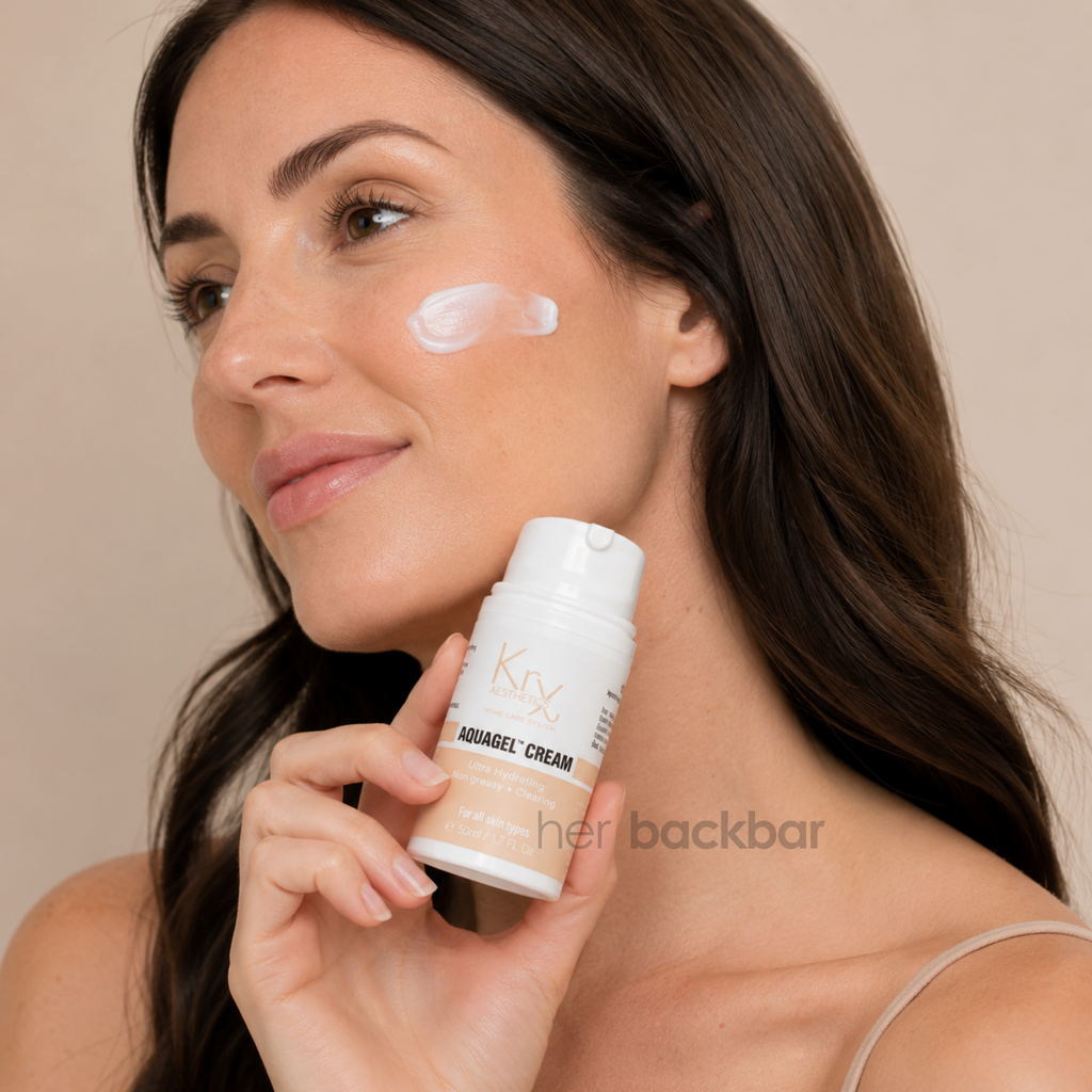 Woman applying KrX AquaGel Cream hydrating moisturizer for lightweight daily hydration