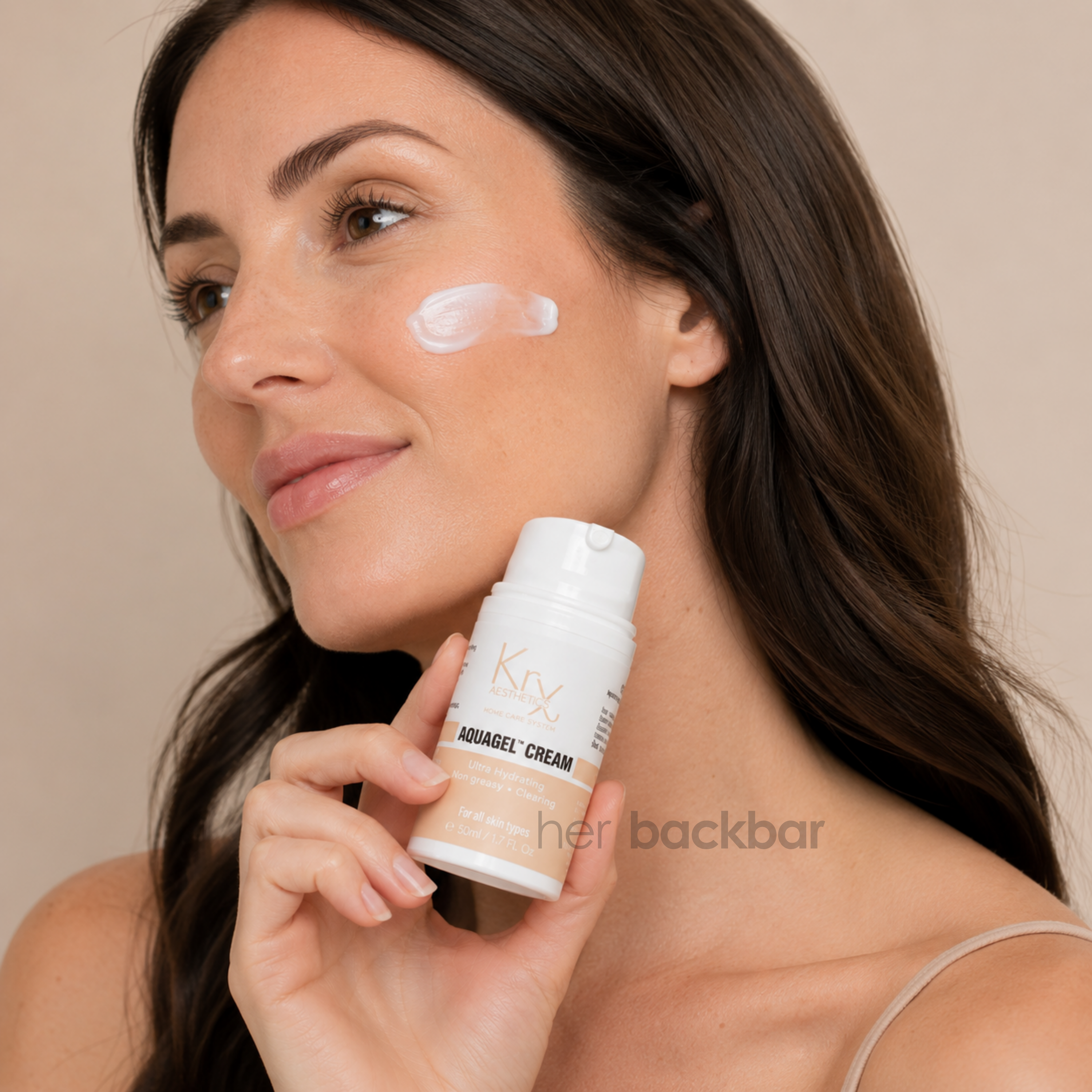 Woman applying KrX AquaGel Cream hydrating moisturizer for lightweight daily hydration