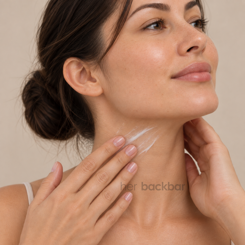 Woman applying KrX Neck Lift Intensive Firming Cream to her neck for firmer, smoother-looking skin