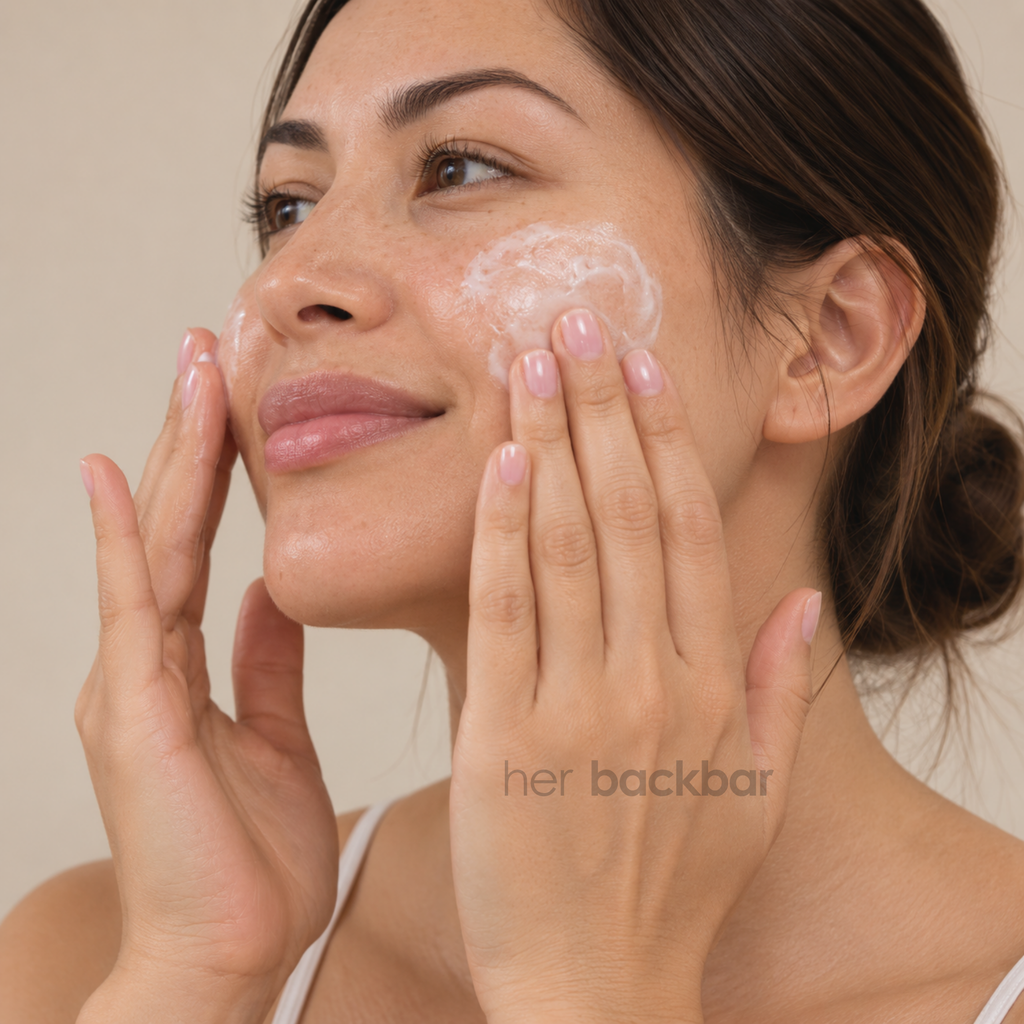 Woman massaging KrX Youthplex Face Lift Cleansing Fluid onto her face to remove makeup and cleanse skin