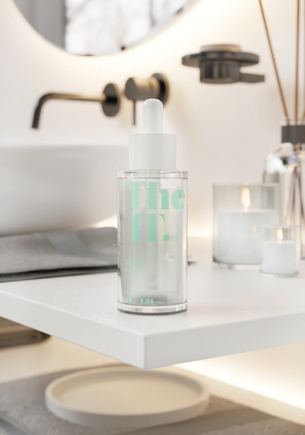 The It by Celldraw Gentle Glow H2O7 hydrating serum displayed in a skincare routine